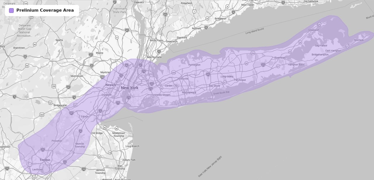 Map of Prelinium coverage area spanning Trenton, Newark, Brooklyn, Manhattan, Queens, Nassau County, Suffolk County and Montauk along the I-95 corridor